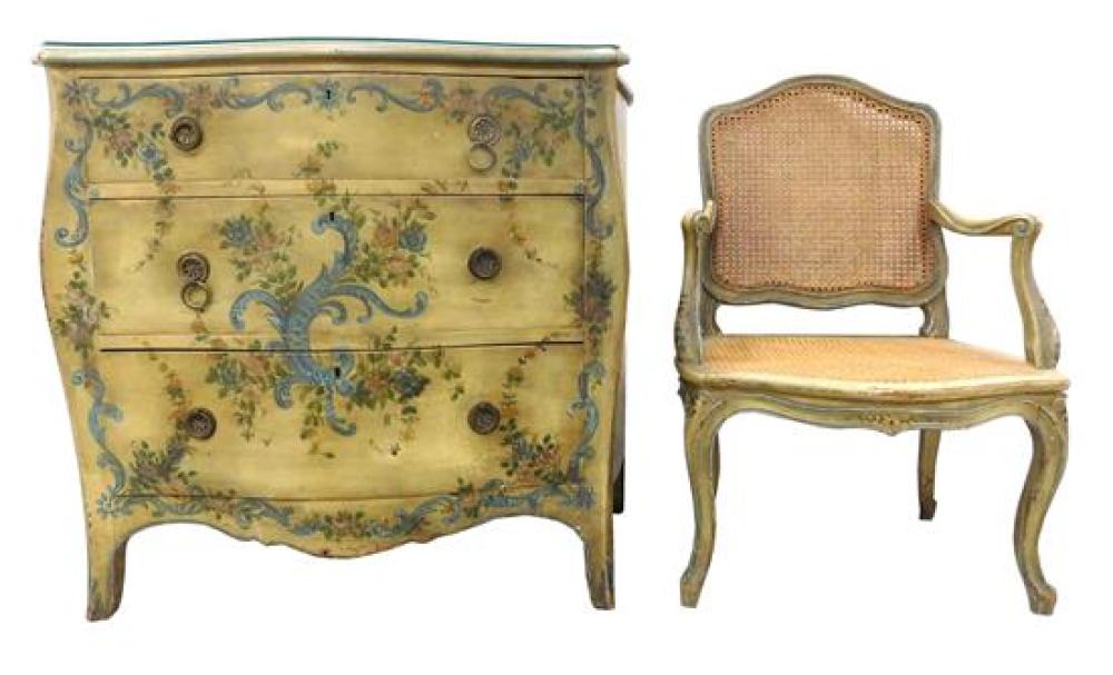 Appraisal: Venetian style painted three-drawer chest and companion arm chair with