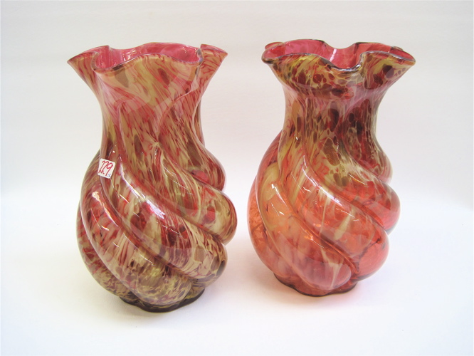 Appraisal: PAIR SPATTERWARE GLASS VASES clear red with yellow and gold