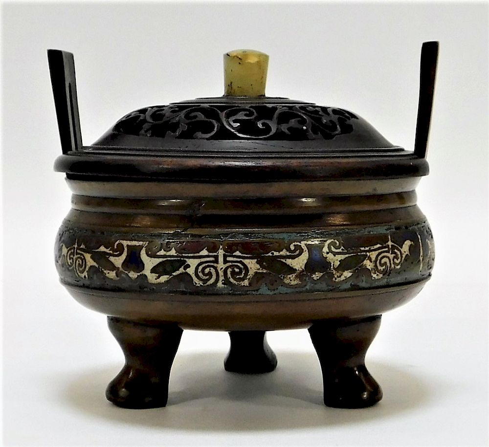 Appraisal: Chinese Cloisonne and Jadeite Censer Chinese Cloisonne and Jadeite Censer