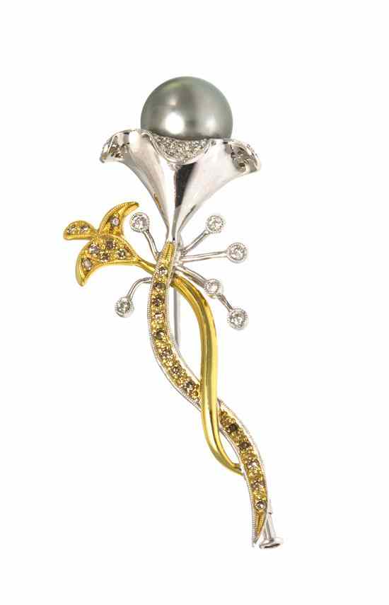 Appraisal: A Karat Gold Diamond and Cultured Tahitian Pearl Brooch containing