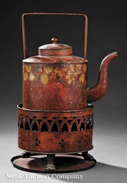 Appraisal: A French or English T le Peinte Kettle-on-Stand early th