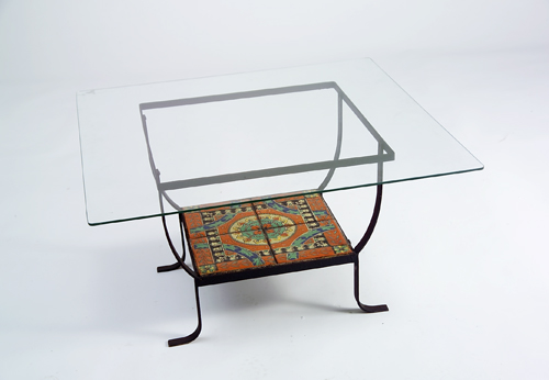 Appraisal: CALIFORNIA Tile table with four Hispano-Moresque tiles set in the