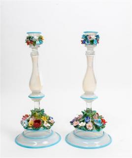 Appraisal: A Pair of Venetian Glass Candlesticks Height inches A Pair