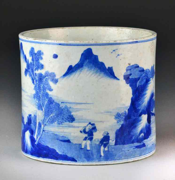 Appraisal: Chinese Blue White Porcelain Brush PotDepicting figures mountains and boat