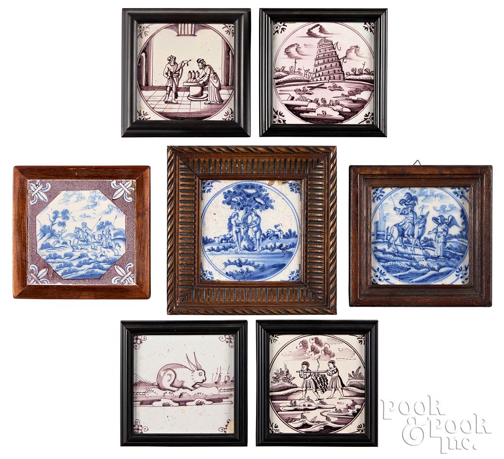 Appraisal: Seven assorted Delft tiles mid th c Seven assorted Delft