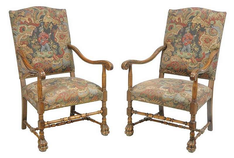 Appraisal: Pair Flemish Baroque Style Open Armchairs th century each carved