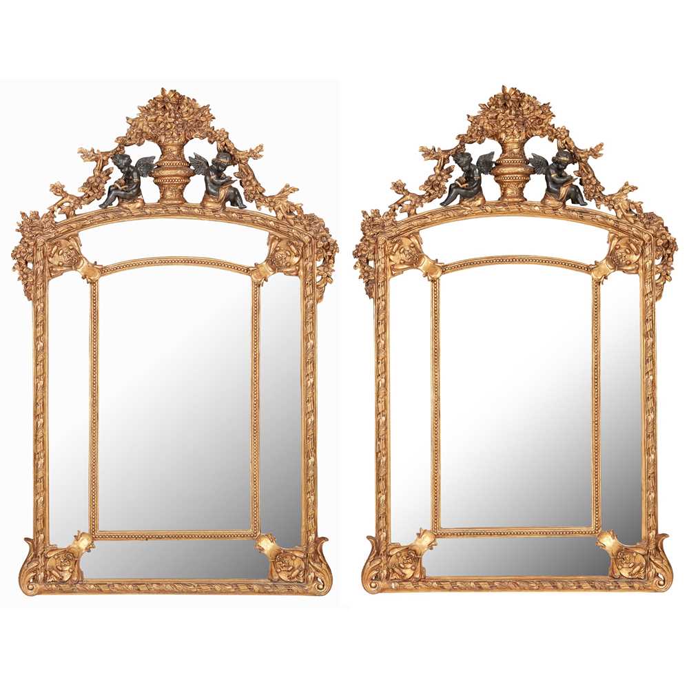 Appraisal: PAIR OF LOUIS XIV STYLE GILTWOOD AND EBONISED MIRRORS TH