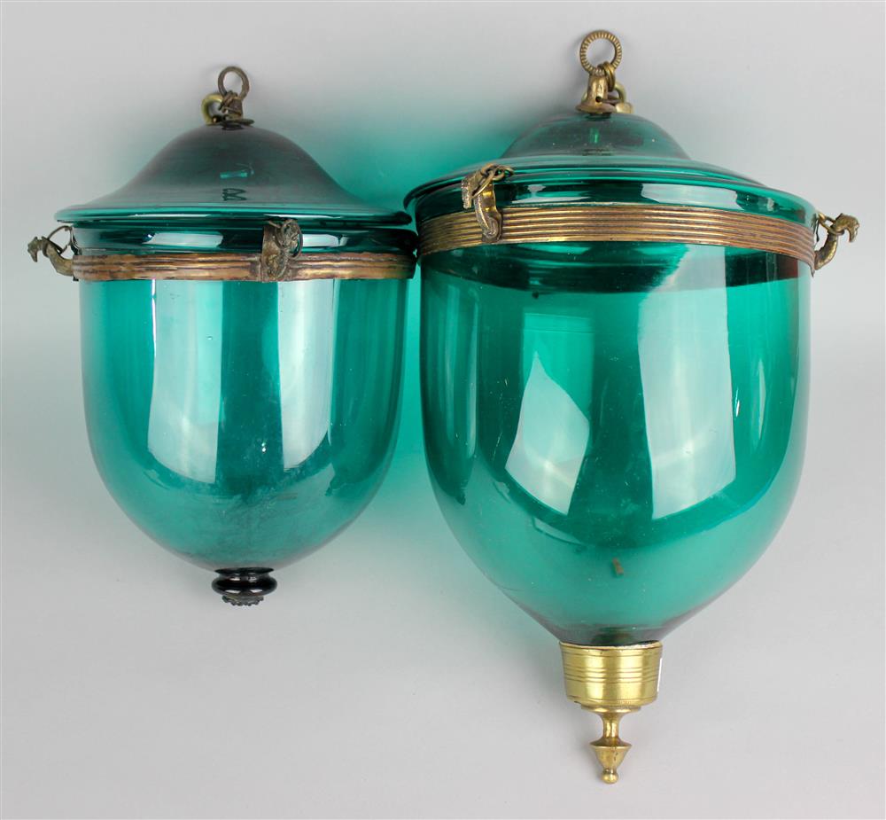 Appraisal: GROUP OF THREE GEORGIAN STYLE GREEN GLASS HALL LANTERNS TH