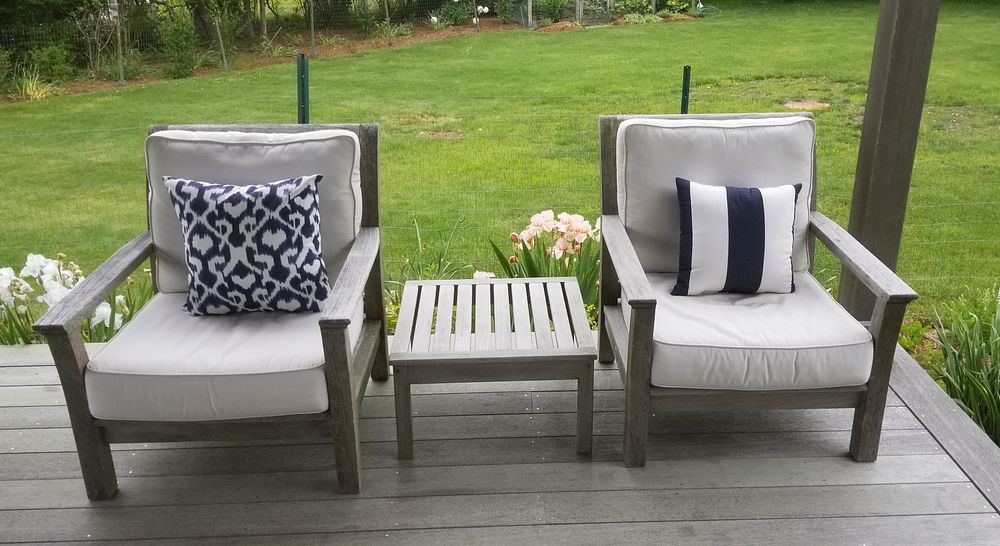 Appraisal: Pair Kingsley Bates Outdoor Teak Armchairs and Cocktail Table Pair