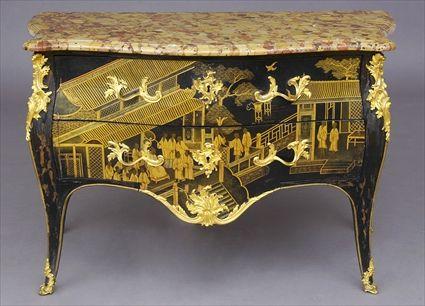 Appraisal: LOUIS XV GILT-BRONZE MOUNTED BLACK LACQUER COMMODE Of serpentine outline