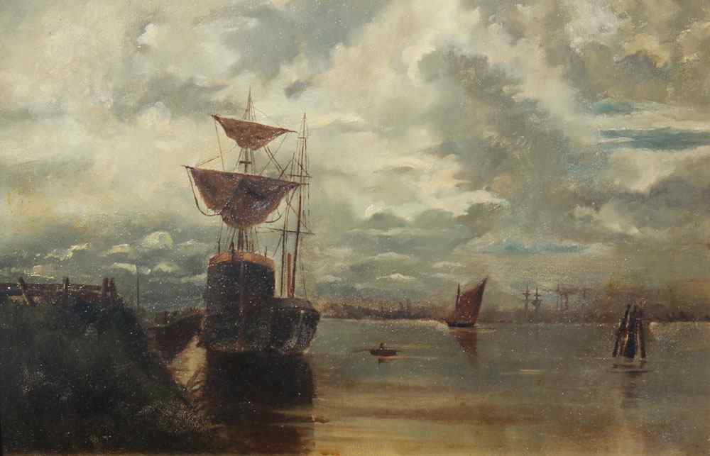 Appraisal: TH CENTURY AMERICAN SCHOOL HARBOR PAINTING Oil Board '' x