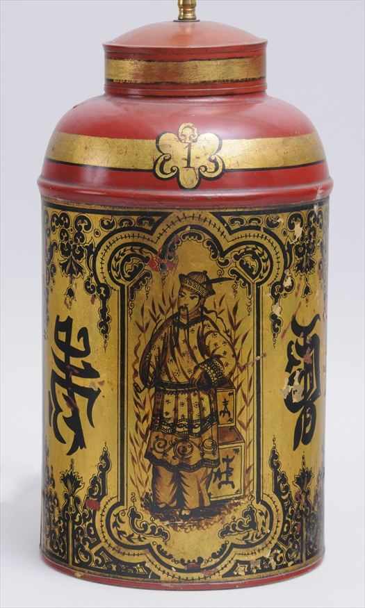 Appraisal: CHINESE EXPORT RED-GROUND T LE-PEINTE TEA CANISTER AND COVER MOUNTED