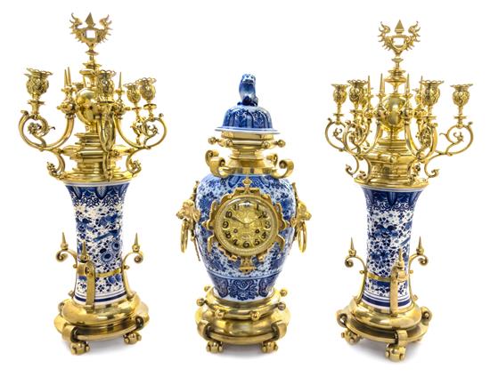 Appraisal: Sale Lot A Gilt Metal Mounted Delft Clock Garniture late