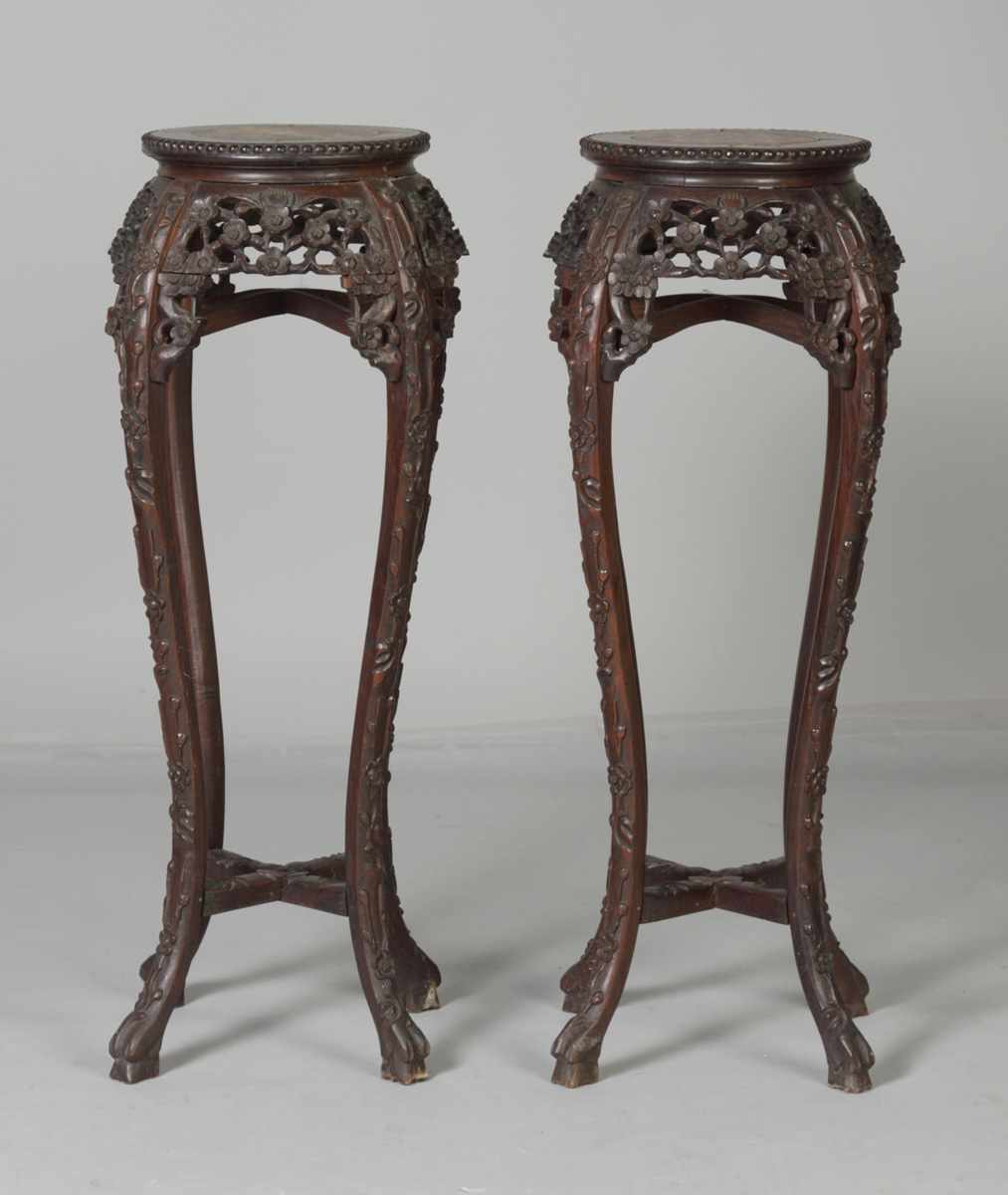 Appraisal: Pair of Chinese Export Carved Teakwood Stands w Marble Tops