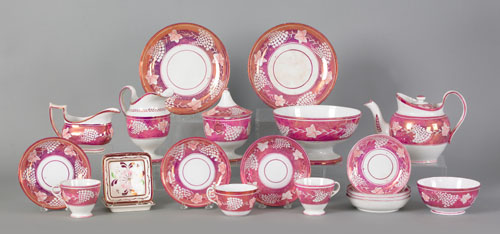 Appraisal: Partial pink luster tea service th c with grapevine pattern