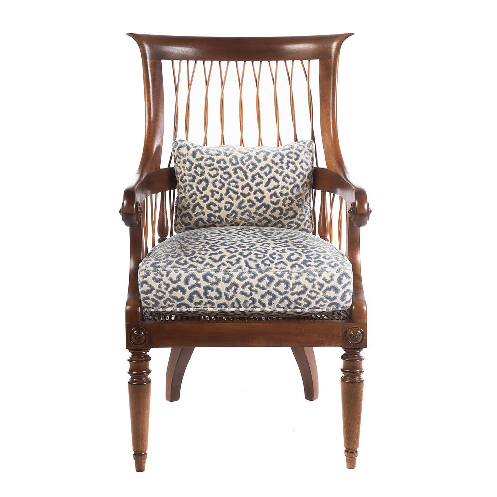 Appraisal: Anglo Indian Style Tiger Maple Arm Chair With rattan splats