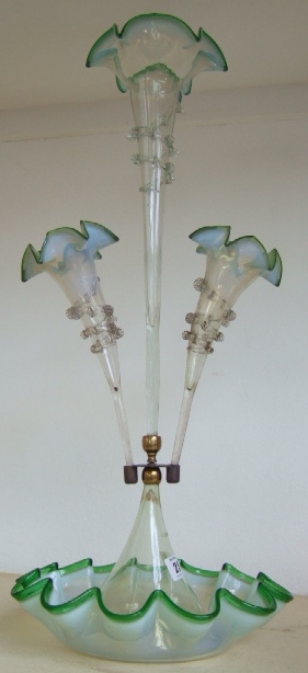 Appraisal: A Victorian green and opaline glass three branch epergne with