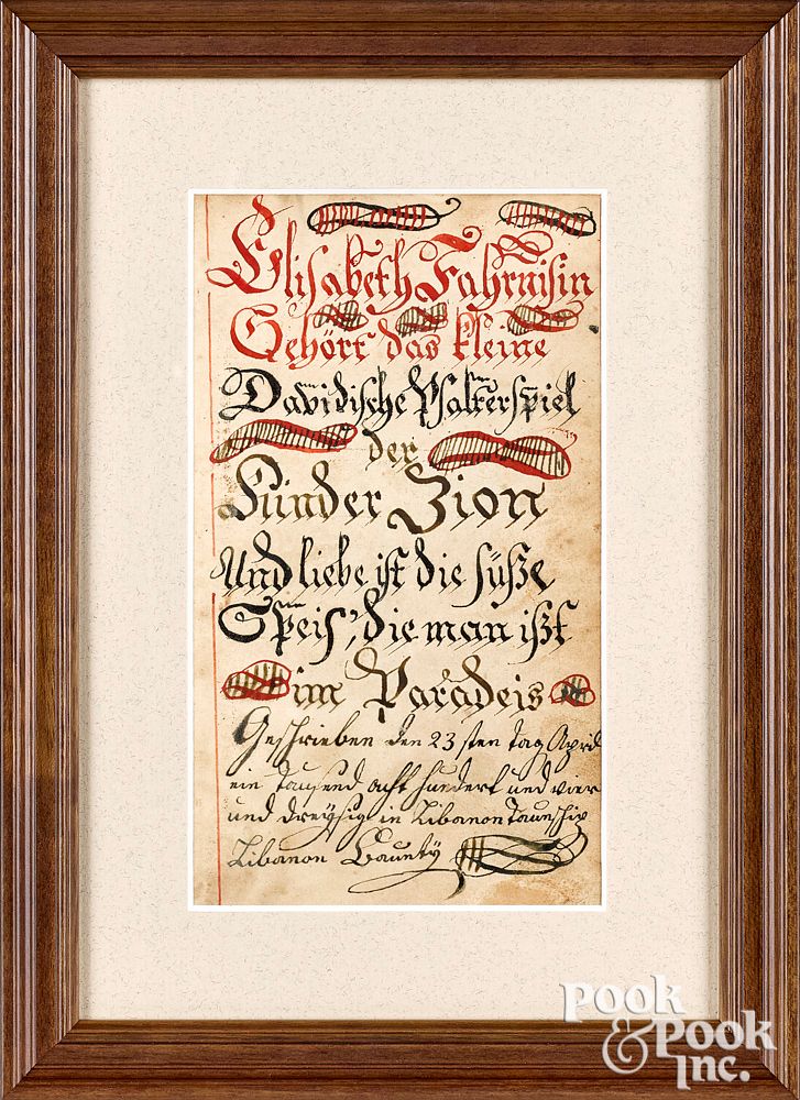 Appraisal: Pennsylvania watercolor and ink fraktur bookplate Pennsylvania watercolor and ink