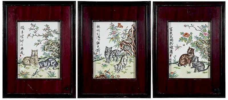 Appraisal: Three Framed Chinese Porcelain Plaques with Cats th century enamel