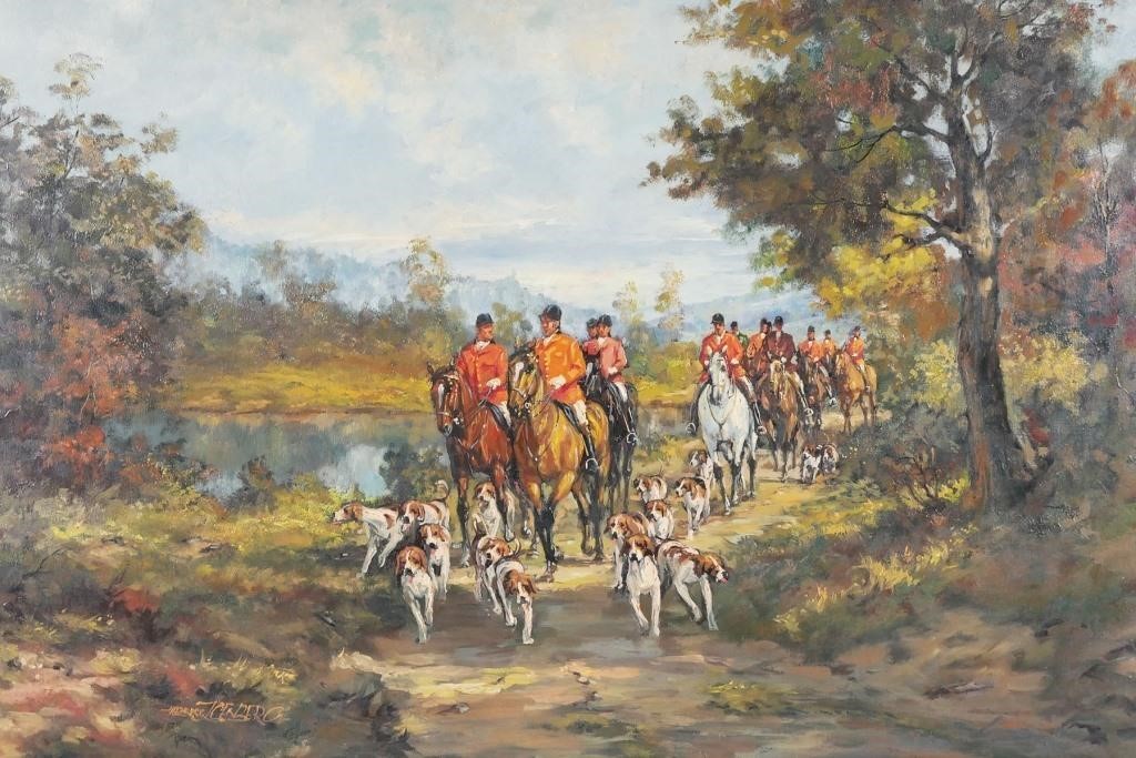 Appraisal: Oil on canvas hunt scene with horses and foxhounds by