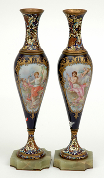 Appraisal: A PAIR OF FRENCH CHAMPLEVE ENAMEL AND PORCELAIN VASES th