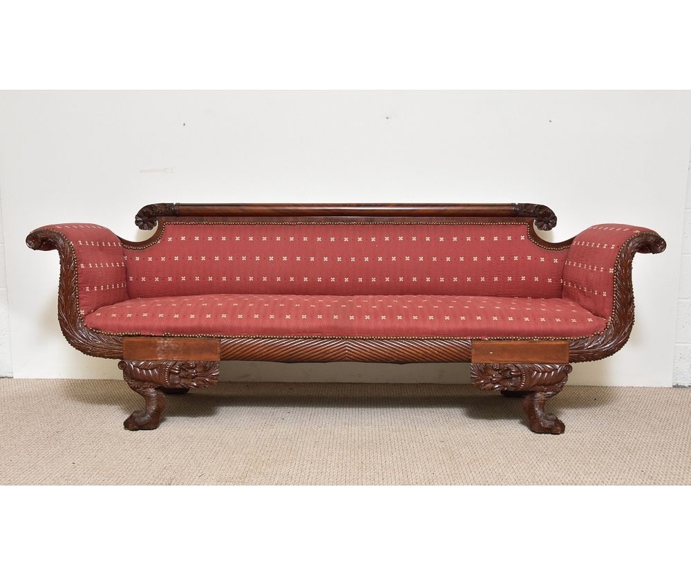 Appraisal: Empire Mahogany Sofa Empire mahogany sofa of classical form th