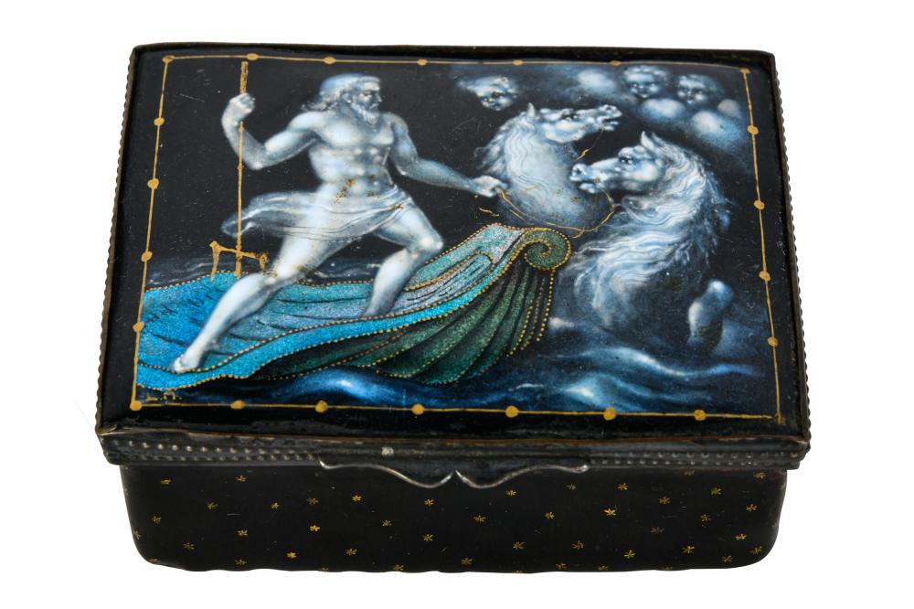 Appraisal: ENAMEL METAL TABLE BOXwith scene of Poseidon on lid signed