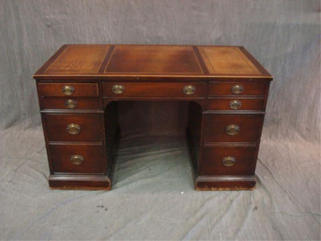 Appraisal: Leathertop kneehole desk Nice quality with inlaid border signed Macey