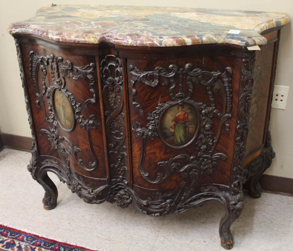 Appraisal: MARBLE-TOP DOUBLE DOOR CONSOLE CABINET Continental early th century relief