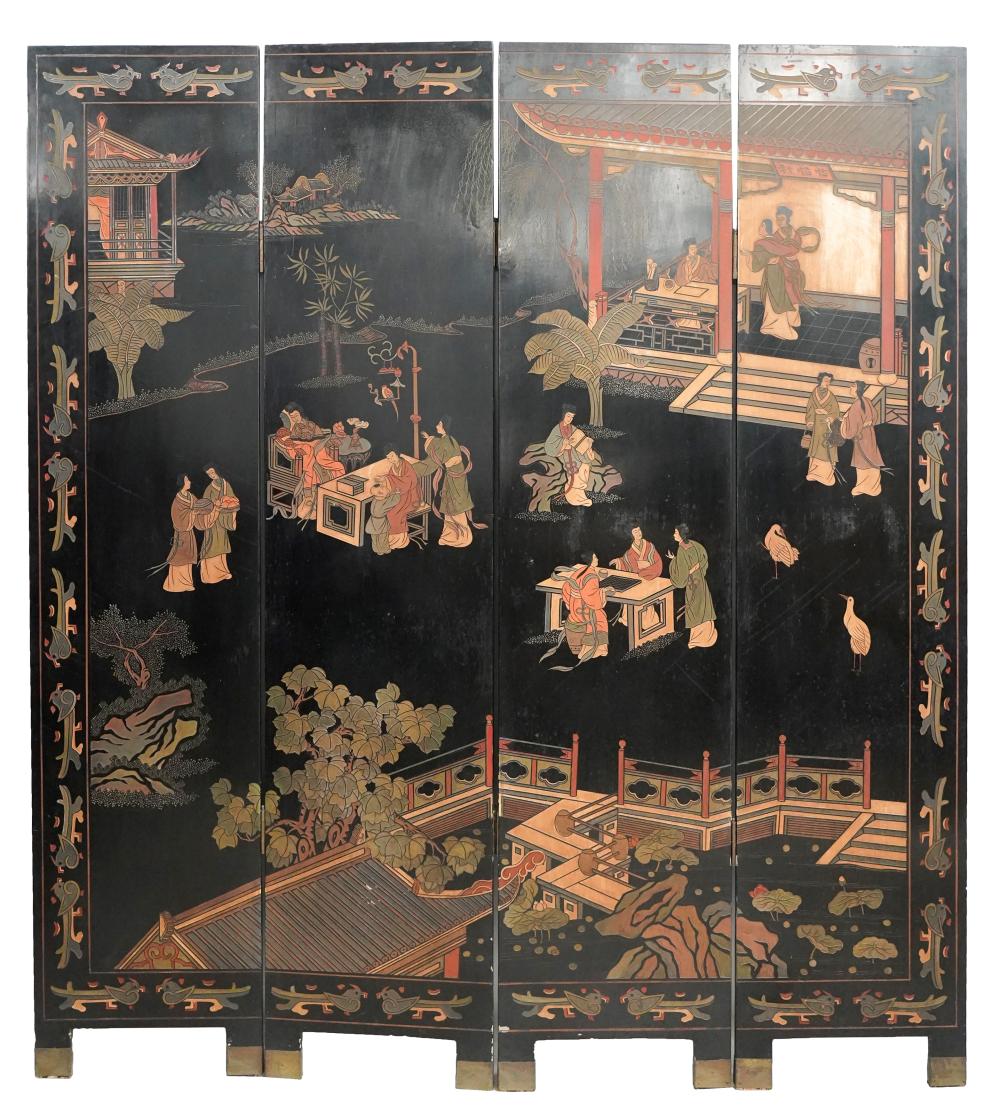 Appraisal: FOUR PANEL COROMANDEL SCREENdepicting courtyard scene each panel x inches