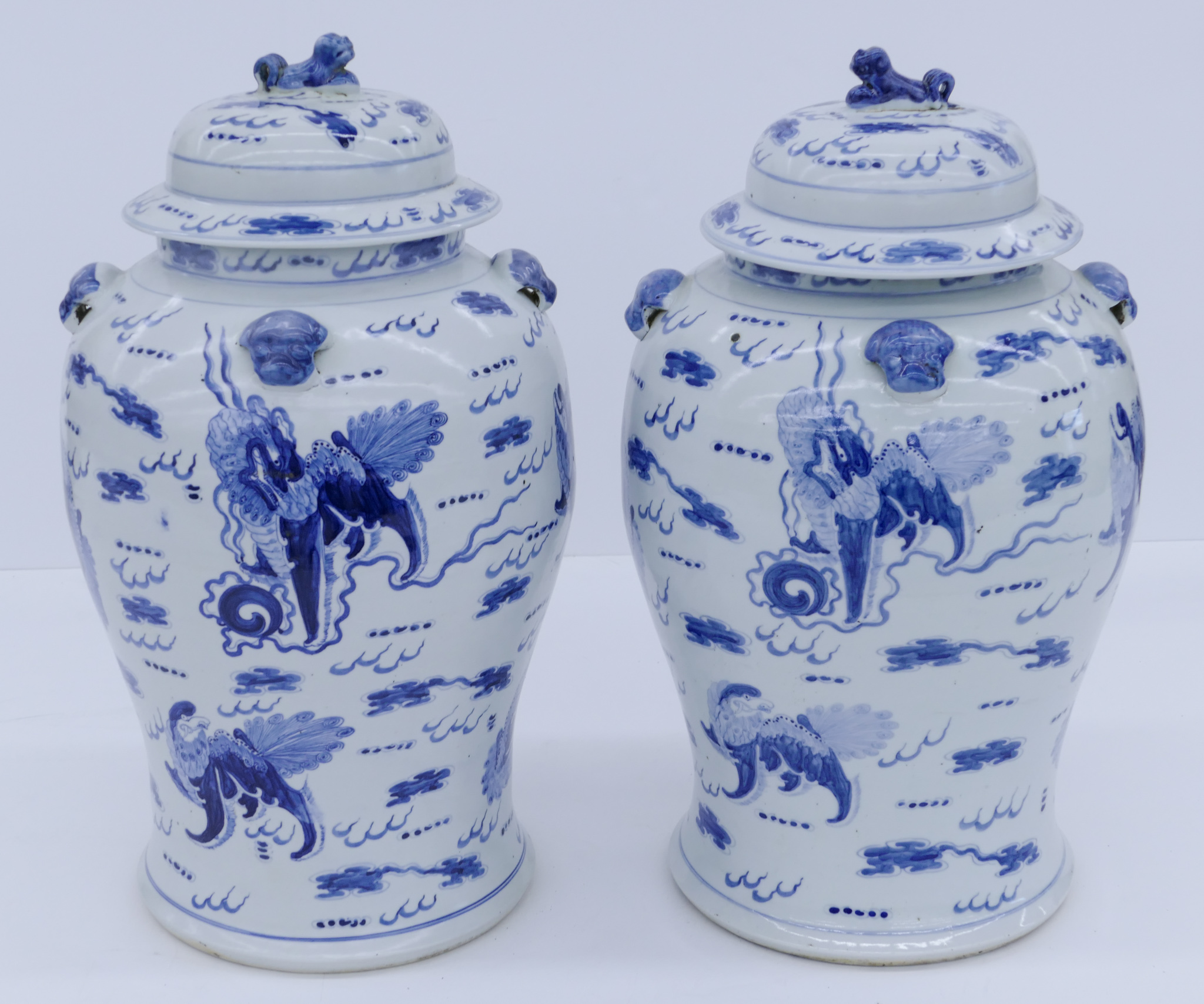 Appraisal: Pair Chinese Qing Blue and White Foo Lion Jars ''x