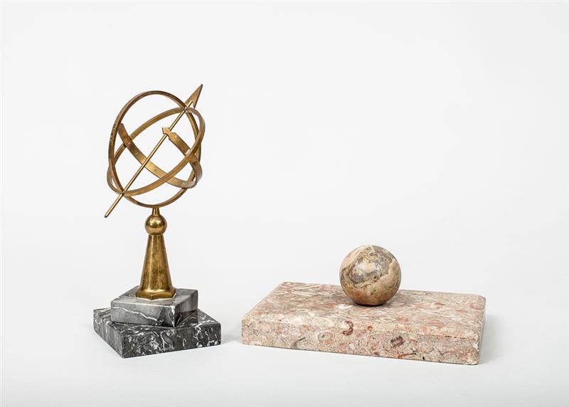 Appraisal: Brass Desk-Top Armillary and a Fossilized Marble Paperweight Armillary on