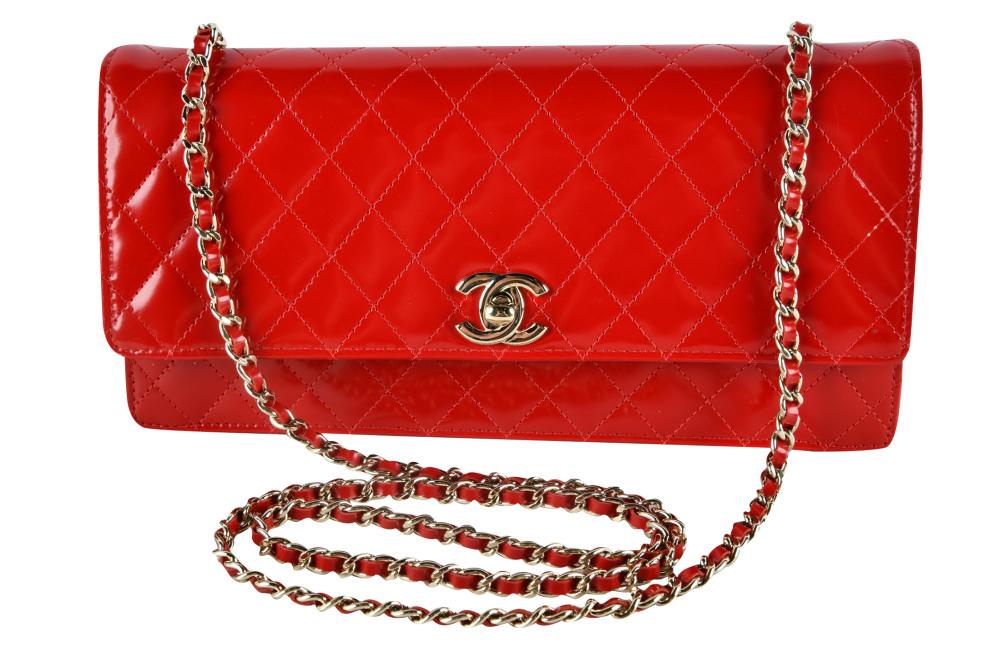 Appraisal: CHANEL RED PATENT LEATHER FLAP BAGcirca with authenticity card and