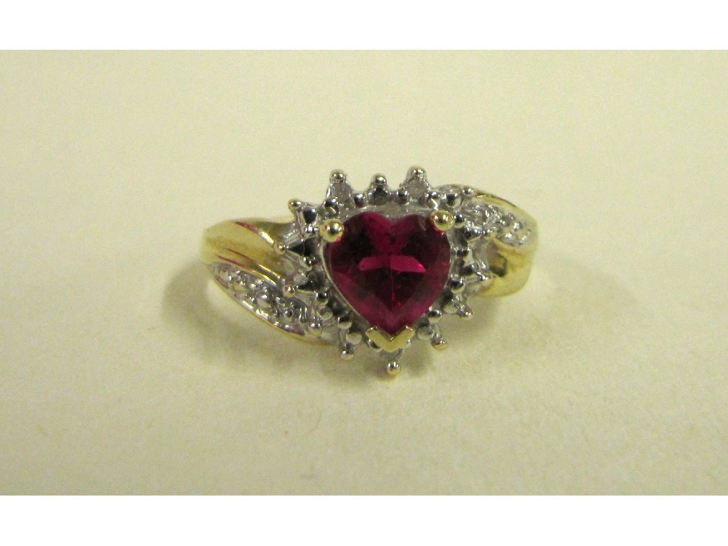 Appraisal: Nine carat gold diamond and synthetic ruby heart shaped cluster