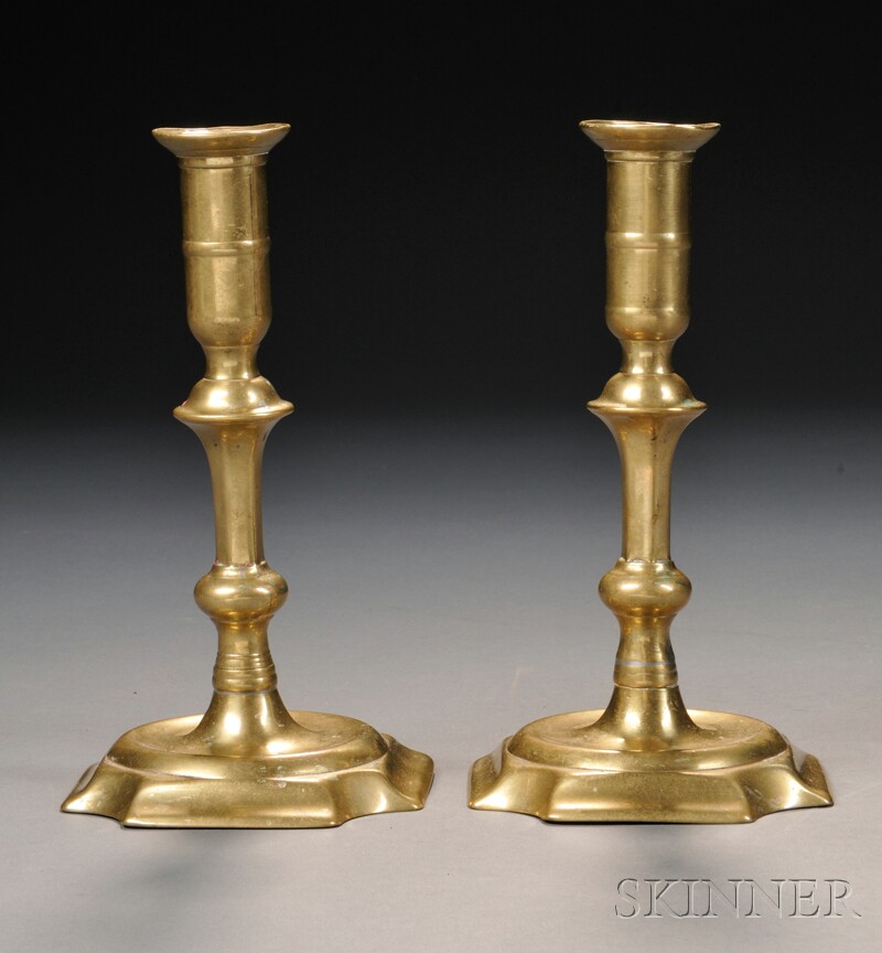 Appraisal: Pair of Queen Anne Signed Brass Candlesticks JOSEPH WOOD England