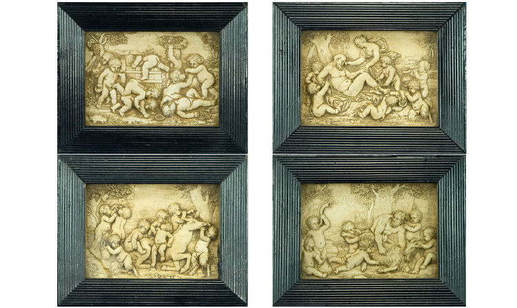 Appraisal: Framed Plaster Plaques of Mythical Scenes Four in total Possible