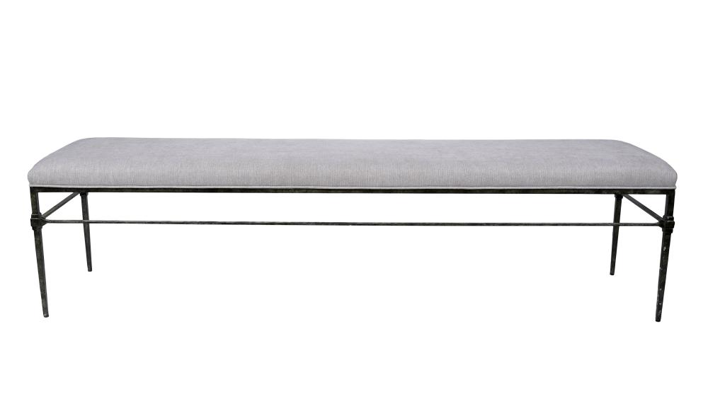 Appraisal: BAUSMAN UPHOLSTERED METAL BENCHwith manufacturer's label covered in grey fabric