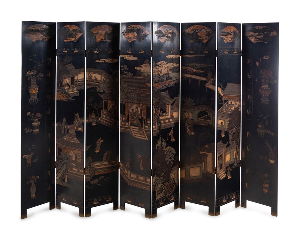 Appraisal: A Coromandel Lacquer Eight-Panel Floor Screen A Coromandel Lacquer Eight-Panel