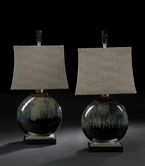 Appraisal: Pair of French Art Moderne Drip-Glazed Pottery Moon Flasks now