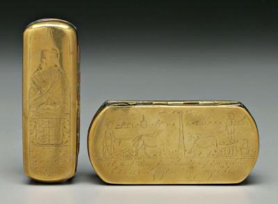 Appraisal: Two brass tobacco boxes one with engraved village and farm