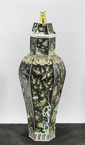 Appraisal: Tall Chinese black ground famille verte porcelain hexagonal covered vase