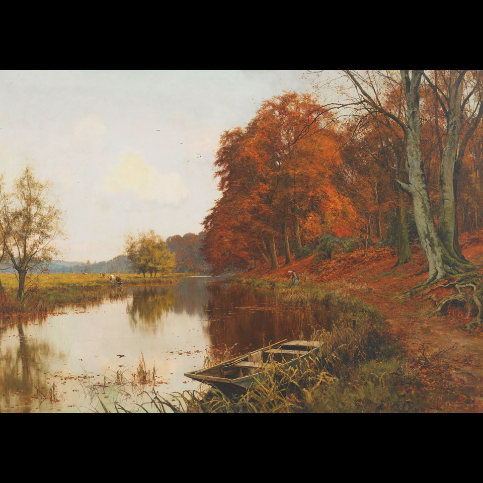 Appraisal: Edward Wilkins Waite - British AUTUMN RIVER SCENE WITH MOORED