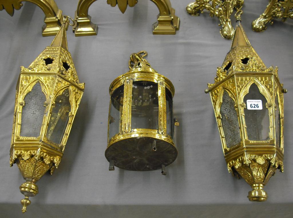 Appraisal: Pair of Gothic brass hexagonal hall lanterns high also a