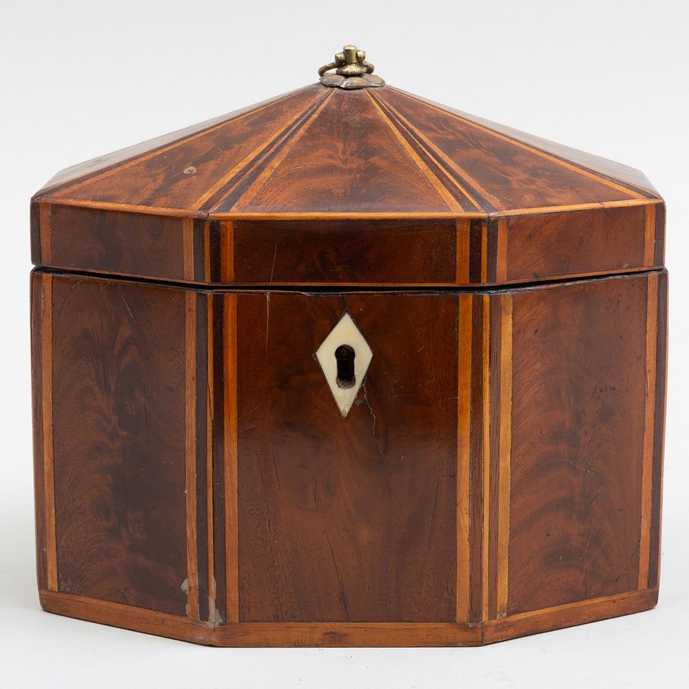 Appraisal: Regency Mahogany Inlaid Octagonal Form Tea Caddy With bone escutcheon