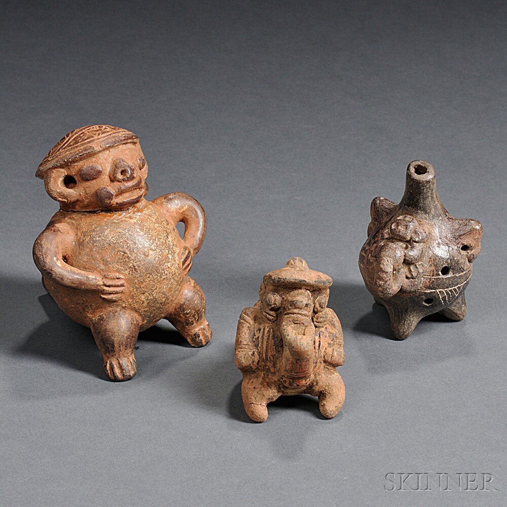 Appraisal: Three Pre-Columbian Pottery Ocarinas Costa Rica one showing a monkey