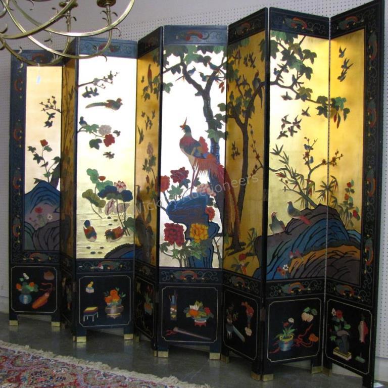 Appraisal: A large Oriental black lacquer screen -panel with gold ground