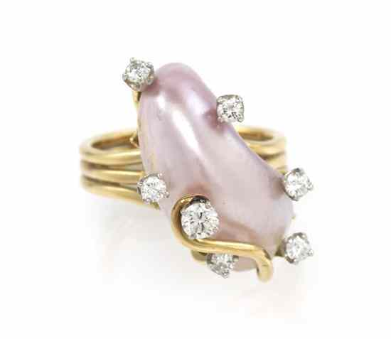 Appraisal: A Karat Yellow Gold Baroque Pearl and Diamond Ring containing