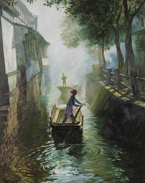 Appraisal: Qiao Wenan b Morning in Water Village Oil on canvas