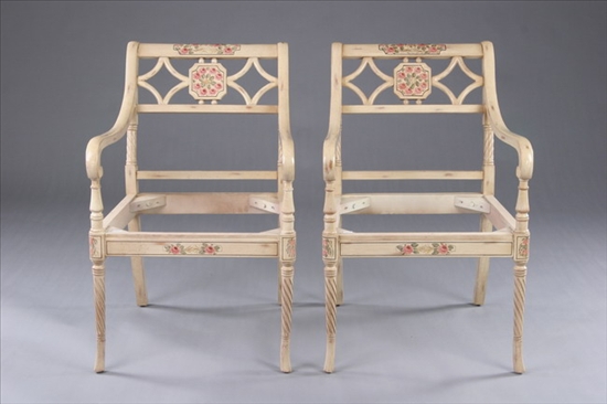 Appraisal: PAIR REGENCY STYLE PAINTED OPEN-ARM CHAIRS th century lacking slip