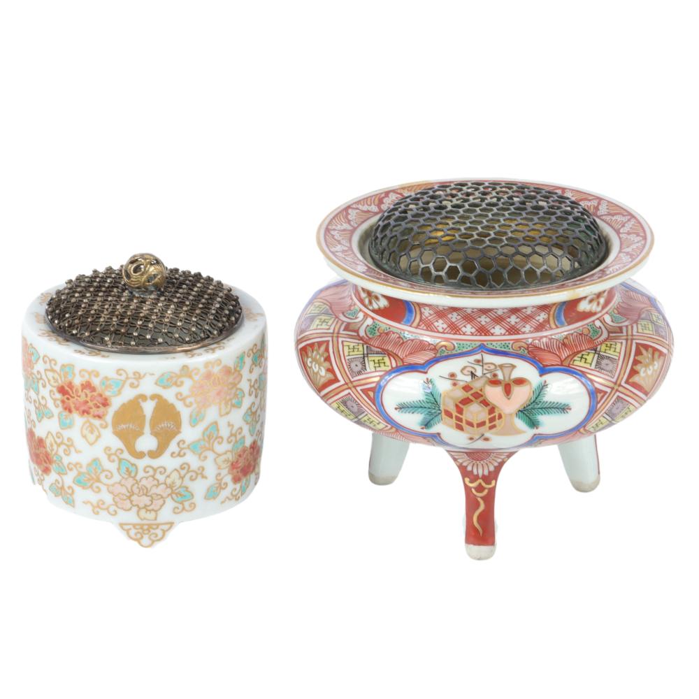 Appraisal: TWO JAPANESE PORCELAIN TRIPOD KORO INCENSE BURNERS WITH METAL COVERS